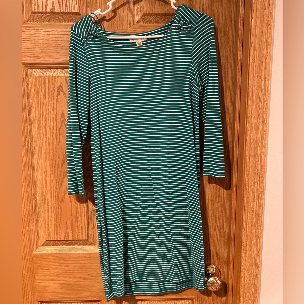 Lila Rose Teal and White Striped Sheath Dress with 3/4 Sleeves and Sailor Collar